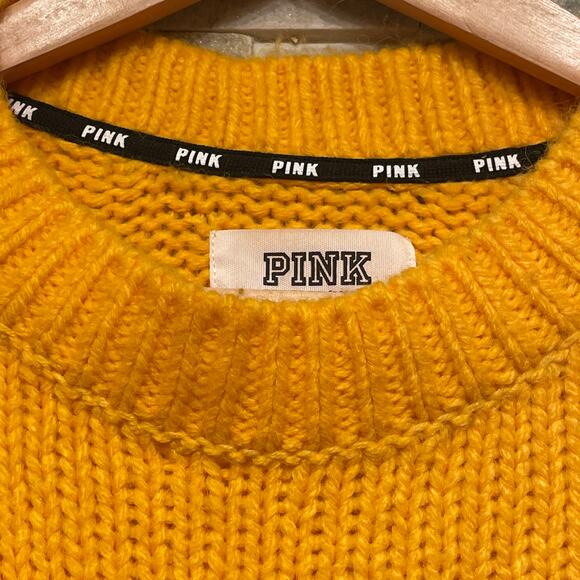 VS PINK Oversized Varsity Sweater | Mustard Yellow Knit, Y2K College Pullover, M - Picture 4 of 10
